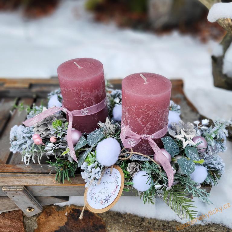 Svícen vánoční Romantik - starorůž - 2 svíčky