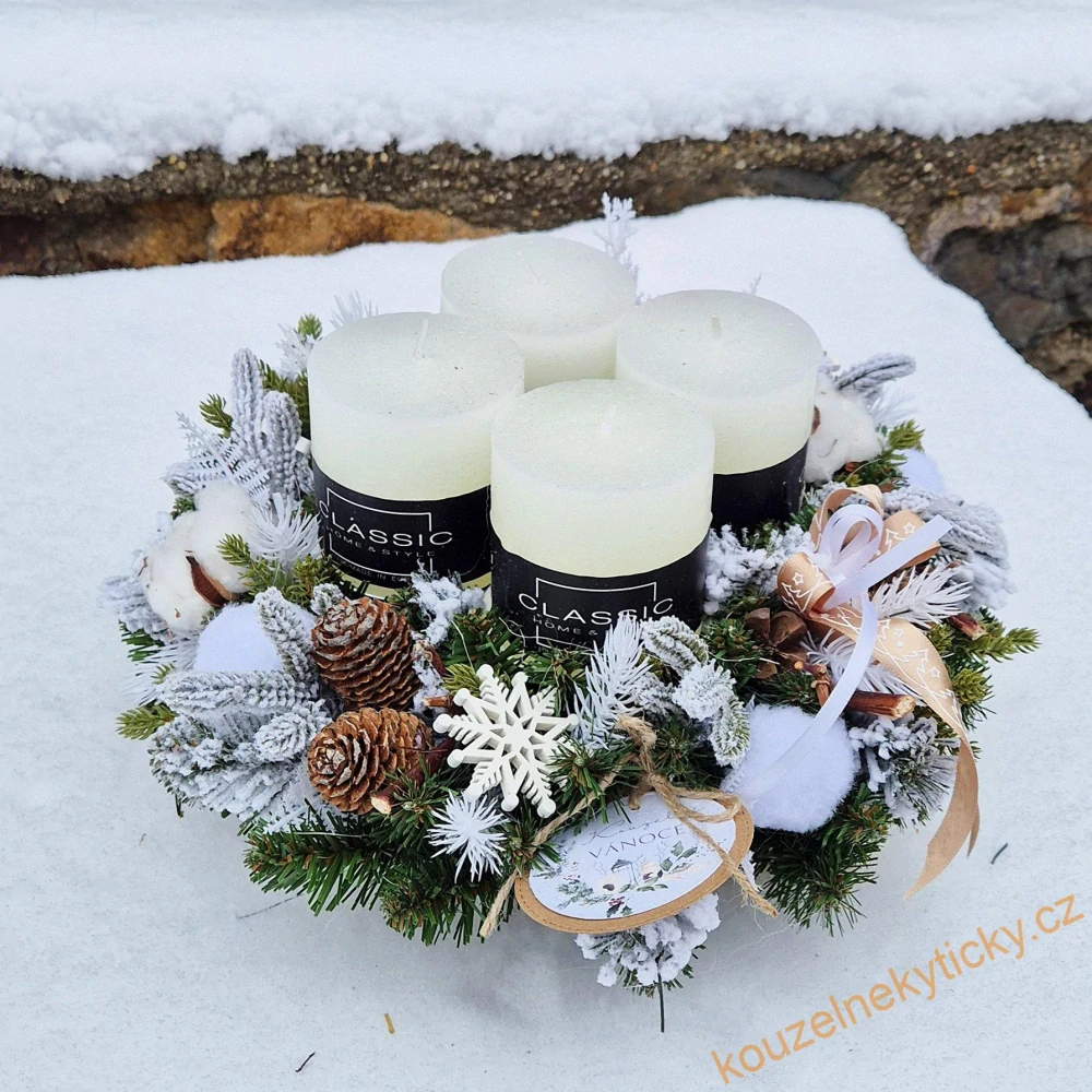 Adventní věnec / umělý / - Bílý rustikální svíčky