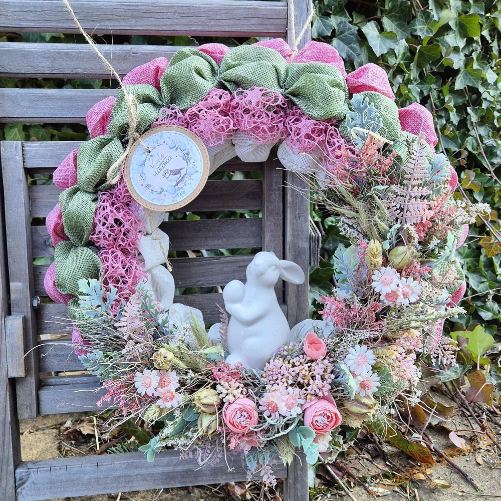  Jarní věnec jutový - Bílý zajíček 