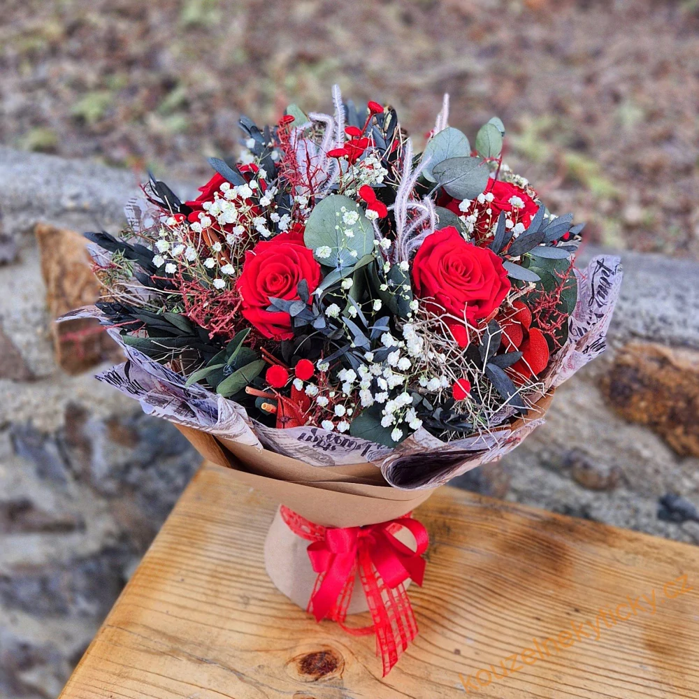 Sušinová kytice samostojící XL - stabilizované rudé  růže 