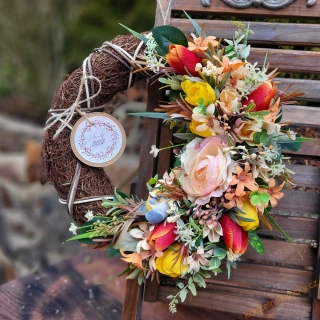 Jarní proutěný věnec - Ptáček v květinkách 