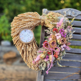 Slámové srdíčko -  růžové s růžičkami 