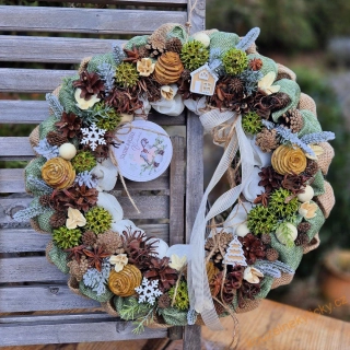 Zimní věnec juta/přírodniny -  Vločky v trávě 