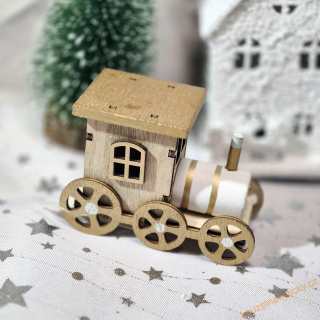 Figurka vánoční  - dřevěná mašinka zlato/bílá větší 