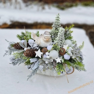 Zimní dekorace -  Krajinka s ptáčkem 