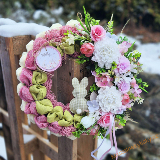 Jutovo-květinový  věneček -  Se zajíčkem,  růžovo-zelenkavý 