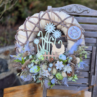 Proutěný  věneček -   Se slepičkou zeleno-krémový 