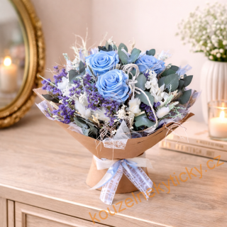 Sušinová kytice samostojící L - stabilizované blankytné   růže 